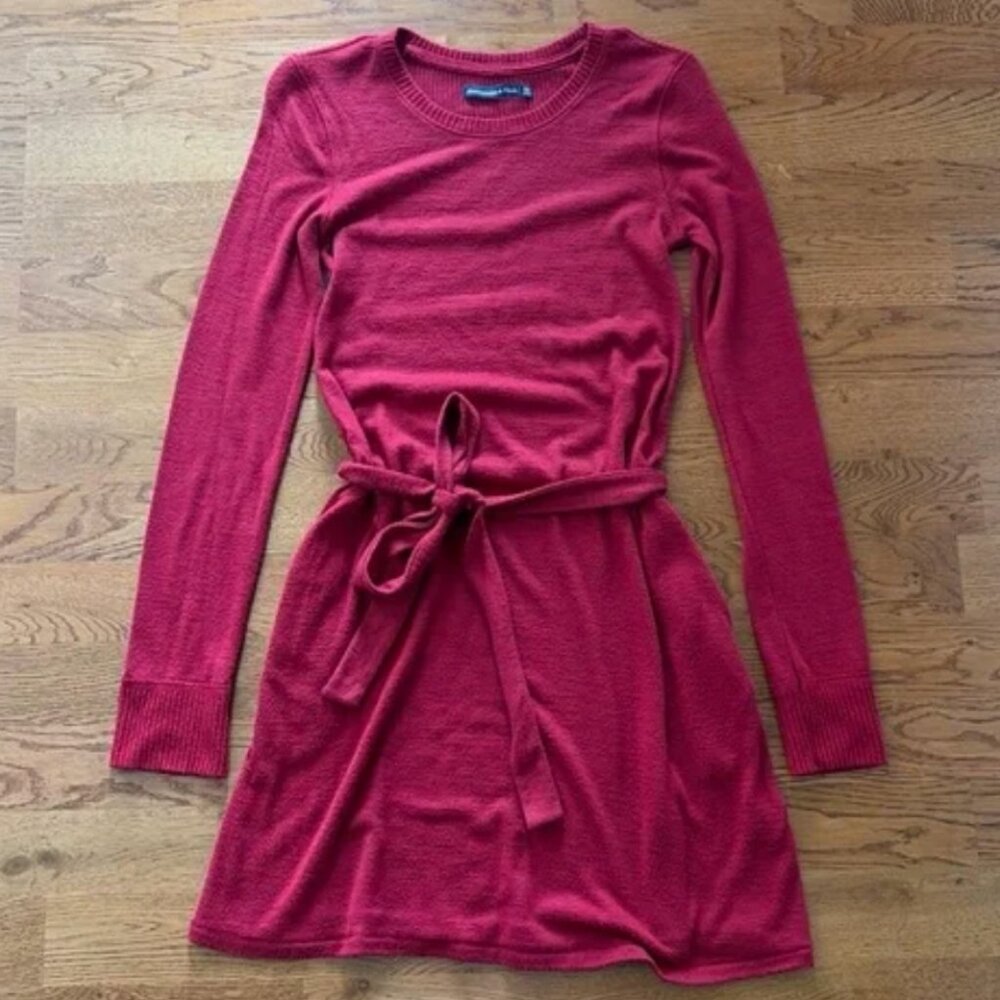 Abercrombie Long Sleeve Knit Mini Dress Sweater Belted Red Ribbed Cozy Crewneck